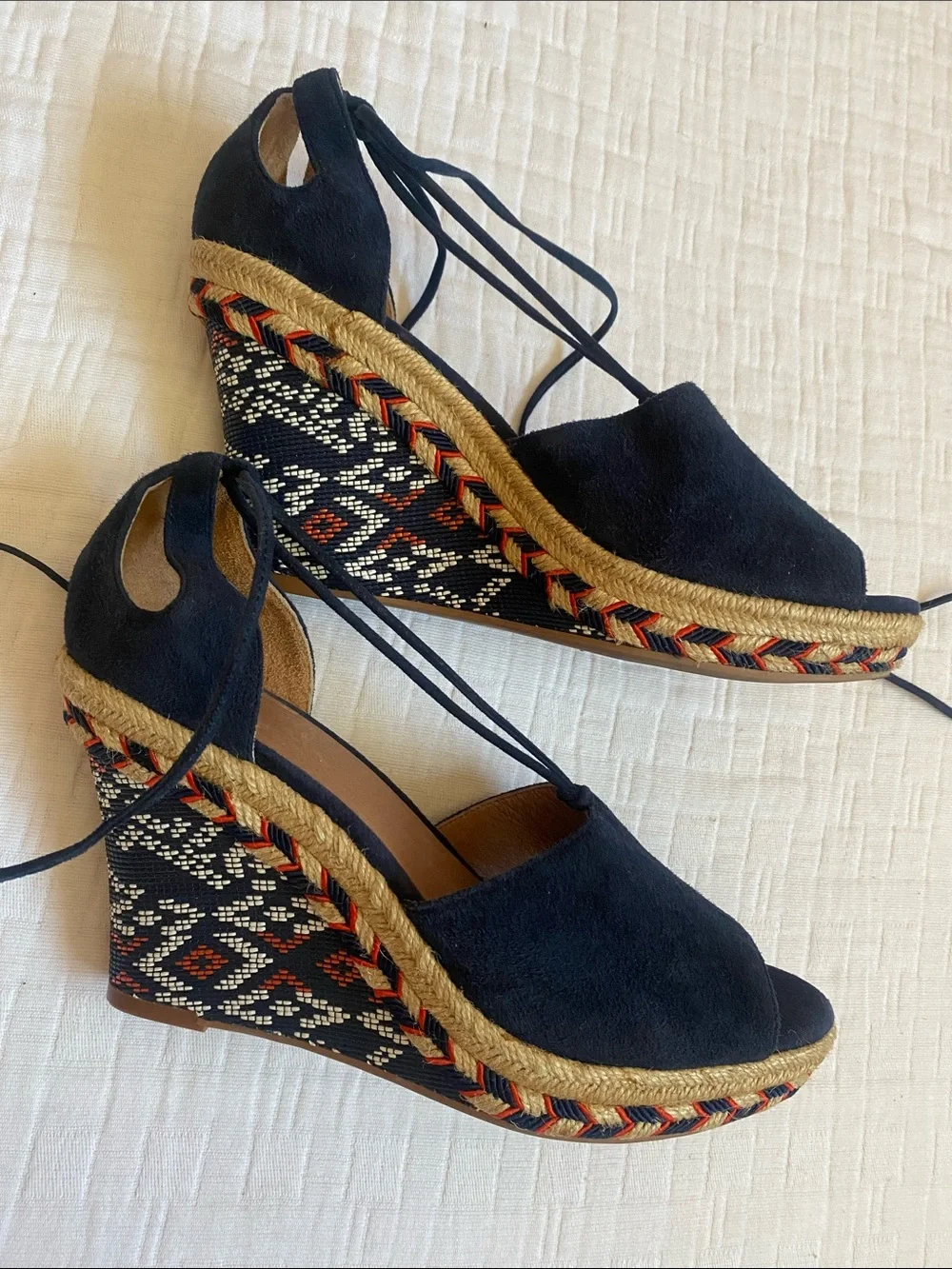 CAbi Navy Suede Lace-Up Wedge Espadrilles with Patterned Jute